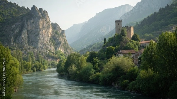Fototapeta A scenic mountain valley with a river flowing past a medieval tower and village nestled amongst lush green trees under a hazy sky