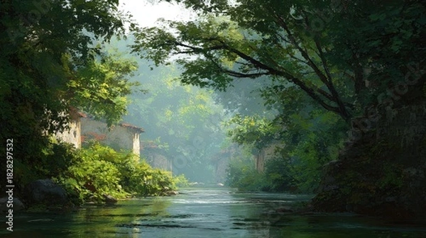 Fototapeta A serene river flows through a lush green forest with small houses nestled among abundant vegetation and trees