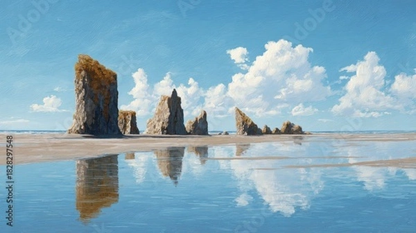 Fototapeta Rugged rock formations rise from a sandy beach reflecting in calm water under a bright blue sky with fluffy white clouds