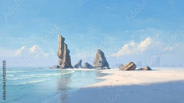 Fototapeta Serene coastal landscape with towering rock formations on a sandy beach under a bright blue sky with wispy clouds and gentle ocean waves