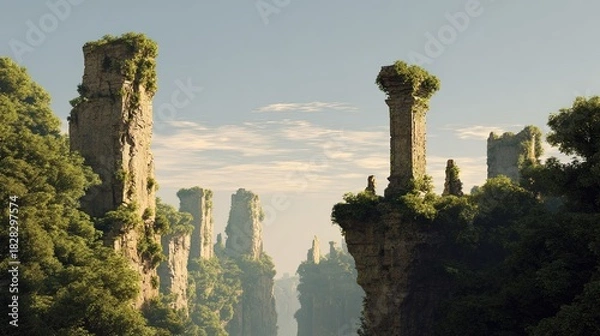 Fototapeta Tall weathered rock spires covered in lush green vegetation rise majestically against a soft blue sky with wispy clouds