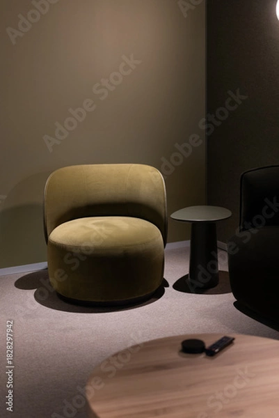 Fototapeta Modern green armchair minimalist round side table office corner