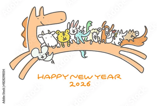 Obraz 走る馬に乗るかわいい笑顔の十二支の年賀状　2026　手描き　干支