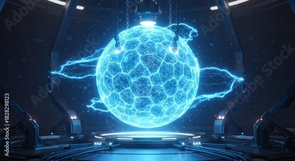 Fototapeta Futuristic energy sphere with glowing blue cracks and lightning effects in a high tech laboratory setting