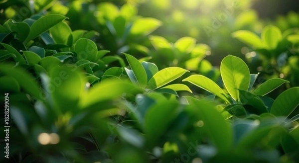 Fototapeta Sunlight filters through the vibrant green leaves of a lush bush, creating a serene and refreshing natural scene