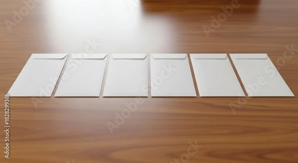 Fototapeta Six white envelopes arranged neatly on a polished wooden surface, creating a clean and organized composition