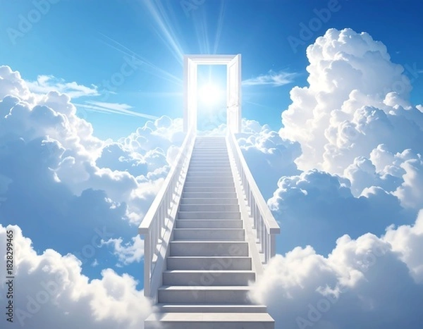 Fototapeta Stairway to heaven ascending into bright sunlight and fluffy clouds