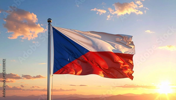 Fototapeta Czech Republic flag waving proudly at vibrant sunset, symbolizing national pride and unity with beautiful sky backdrop for travel and patriotic themes