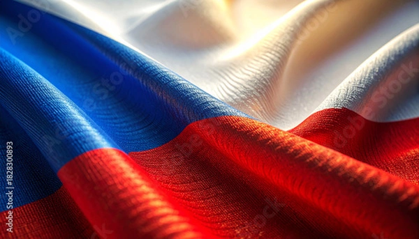 Fototapeta Waving Russian flag with vibrant colors under golden light, a symbol of national pride and patriotism, great for news and political content