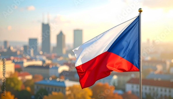 Fototapeta Czech Republic flag proudly waving against a blurred cityscape at sunset, a symbol of patriotism and national pride with warm, inviting colors
