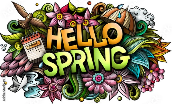 Fototapeta Hello Spring Lettering Banner with Colorful Doodle Illustration of Flowers and Nature Elements
