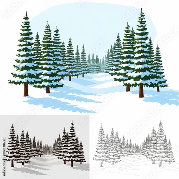 Fototapeta A serene winter landscape illustration showing a path through a dense forest of snow-covered evergreen fir trees