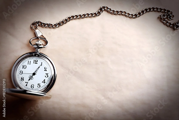 Fototapeta Vintage Silver Pocket Watch with Chain on Aged Beige Paper Background with Copy Space