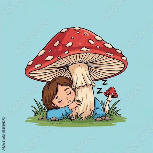Fototapeta Adorable cartoon child sleeping peacefully under a giant red toadstool, hugging the stem in a magical fairytale dream