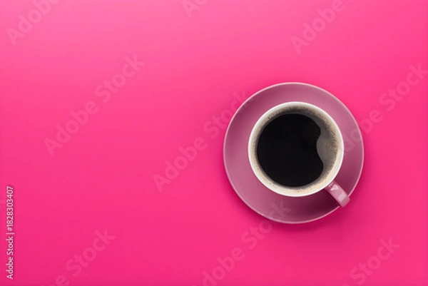 Fototapeta Top View of Black Coffee in Pink Cup on Vibrant Magenta Background with Copy Space