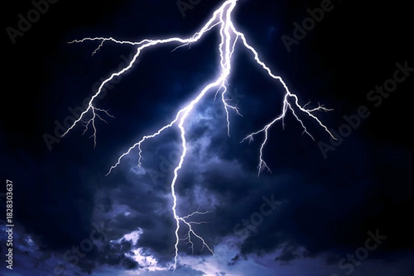 Fototapeta Powerful Bright Lightning Bolt Striking Down from Dark Stormy Night Sky