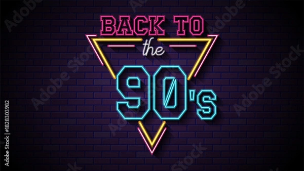 Fototapeta Neon sign reading back to the 90s. Back to 90s neon sign illuminating phrase in vibrant colors, perfect for nostalgic designs, retro-themed projects. Back to the 90s loop animation.