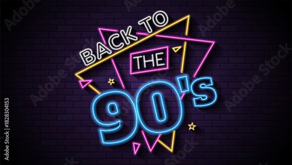 Fototapeta Neon sign reading back to the 90s. Back to the 90s neon lights set a vibrant nostalgic mood for events. Ideal for themed parties, advertisements, or retro designs.