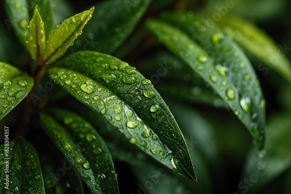 Fototapeta Detailed texture of fresh green leaves with water droplets on the surface showing deep shadows and highlights creating rich botanical tones.