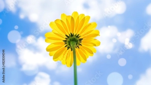 Obraz A bright yellow flower with a green stem against a blue sky with bokeh effect background behind it