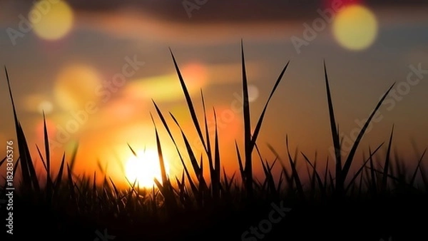 Obraz Silhouette of grass against a blurred sunset sky with bright light and bokeh effect in the background