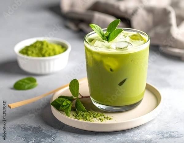 Obraz Refreshing iced green drink with mint garnish, powdered matcha & bowl