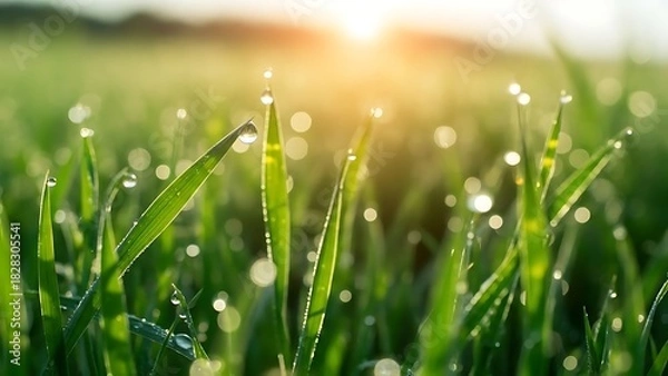 Obraz Close up of green grass blades with water droplets glistening in the morning sunlight in a field