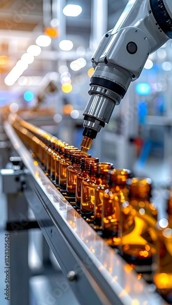 Fototapeta Robotic arm placing product into rows of amber-colored bottles