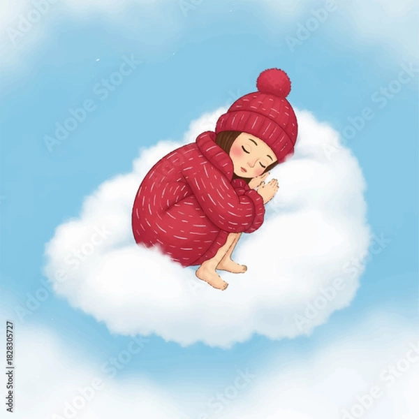 Fototapeta Sweet illustration of a young girl in a cozy red sweater dreaming peacefully while curled up on a fluffy white cloud