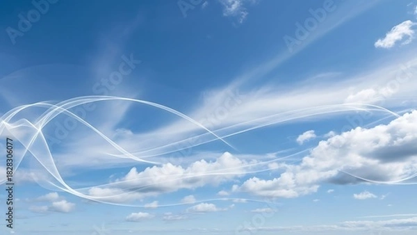 Obraz A scenic view of a blue sky with fluffy clouds and wispy white lines crossing the horizon in the distance