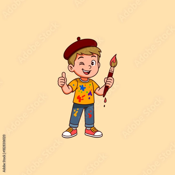Obraz Illustration of a child who loves painting. The child is holding a brush filled with paint.