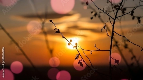Obraz Silhouette of branches against a sunset with bokeh circles in the foreground and warm colors filling sky