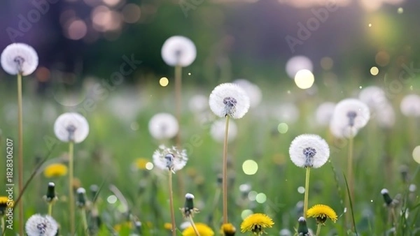 Obraz A field of dandelions with yellow flowers and bokeh lights in a soft focus spring meadow scene