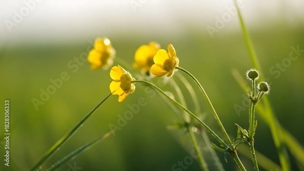 Obraz A close up view of yellow buttercup flowers in a field with a blurred green background and sunlight