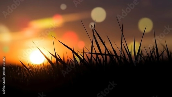 Obraz Silhouette of grass against a bright sunset sky with bokeh lights in the background scene view