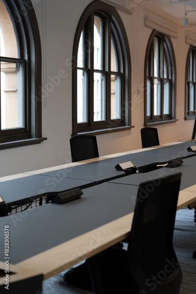 Fototapeta Modern open plan office arched windows empty desks natural light