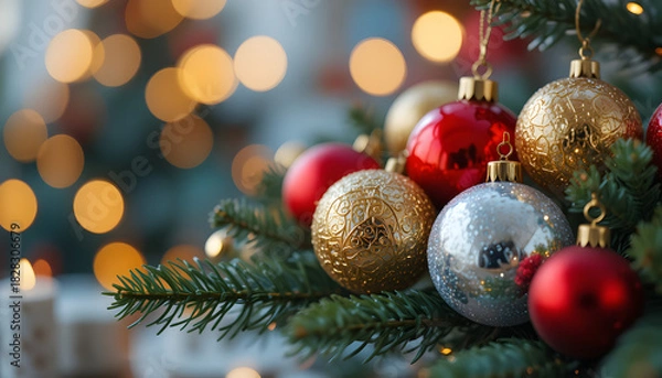 Obraz Ultra-sharp close-up of red, gold, and silver Christmas ornaments on a pine branch with warm soft lighting, shallow depth of field, glass reflections, bokeh lights, and a clean festive composition.