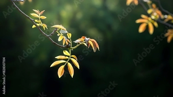 Obraz Illuminated leaves on a branch against a dark background showing spring growth and new beginnings