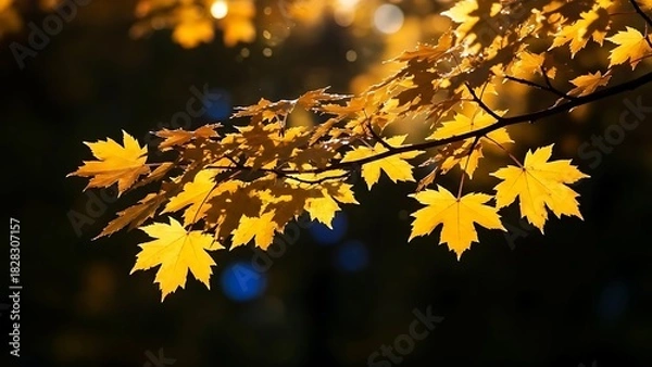 Obraz A branch with vibrant yellow maple leaves against a dark blurred background in autumn season light