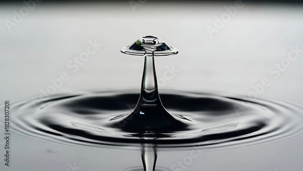 Obraz A macro shot of a water droplet collision creating a mushroom shape and ripples on a gray background