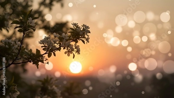 Obraz Blooming branch silhouette against a bright sunset with bokeh lights in the background view scene