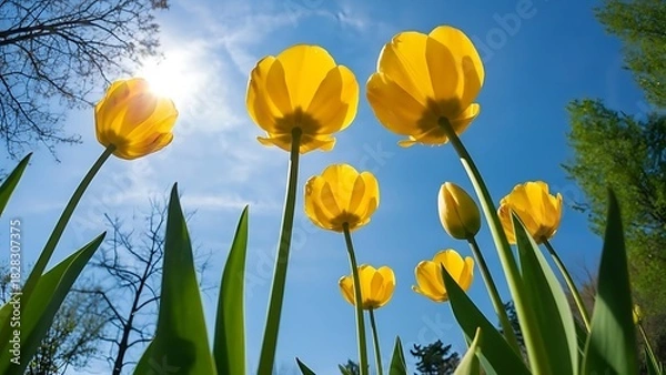 Obraz Low angle shot of bright yellow tulips against a clear blue sky with sunlight shining through them
