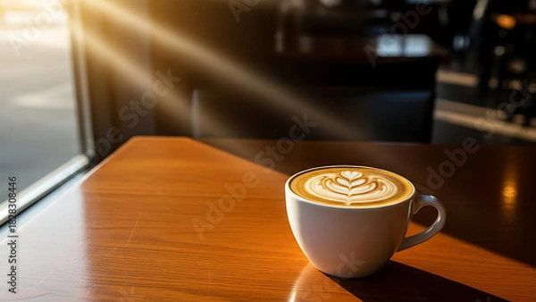 Obraz A tranquil morning scene with golden sunlight illuminating a perfectly crafted latte, adorned with intricate foam art, on a warm wooden table in a cozy cafe setting