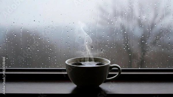 Obraz The comforting steam from a freshly brewed cup of coffee rises against the backdrop of a rain-splashed window, evoking a feeling of warmth and peaceful contemplation on a cozy day indoors