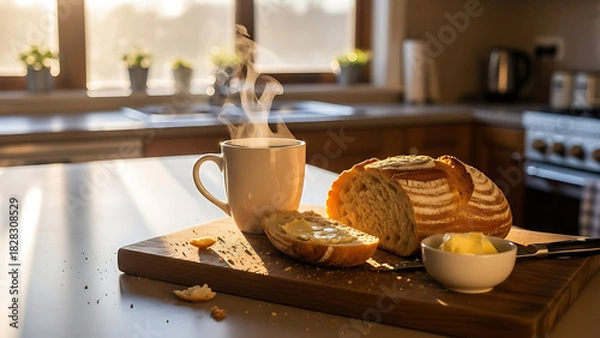 Obraz Deliciously warm breakfast featuring fresh baked bread with butter and a steaming cup of coffee on a wooden board in a bright kitchen