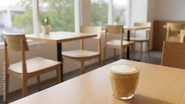 Obraz Cozy cafe interior with wooden tables and chairs, featuring a delicious latte art coffee on a table, bathed in natural light