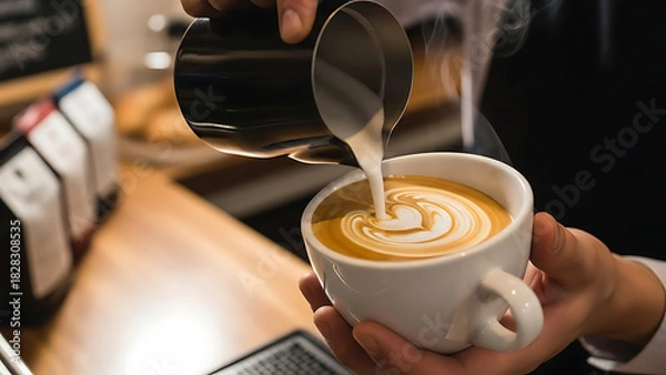 Obraz Latte Art Barista Pouring Milk into Coffee for a Heart Design