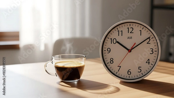 Obraz Morning Brew Coffee and Clock on Wooden Table