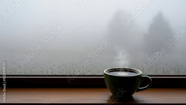 Obraz A cozy green mug of steaming hot coffee rests on a wooden windowsill, offering warmth on a cold and foggy morning