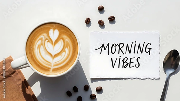 Obraz Aromatic cappuccino with delicate heart-shaped latte art next to a cheerful 'Morning Vibes' note for a perfect start to the day
